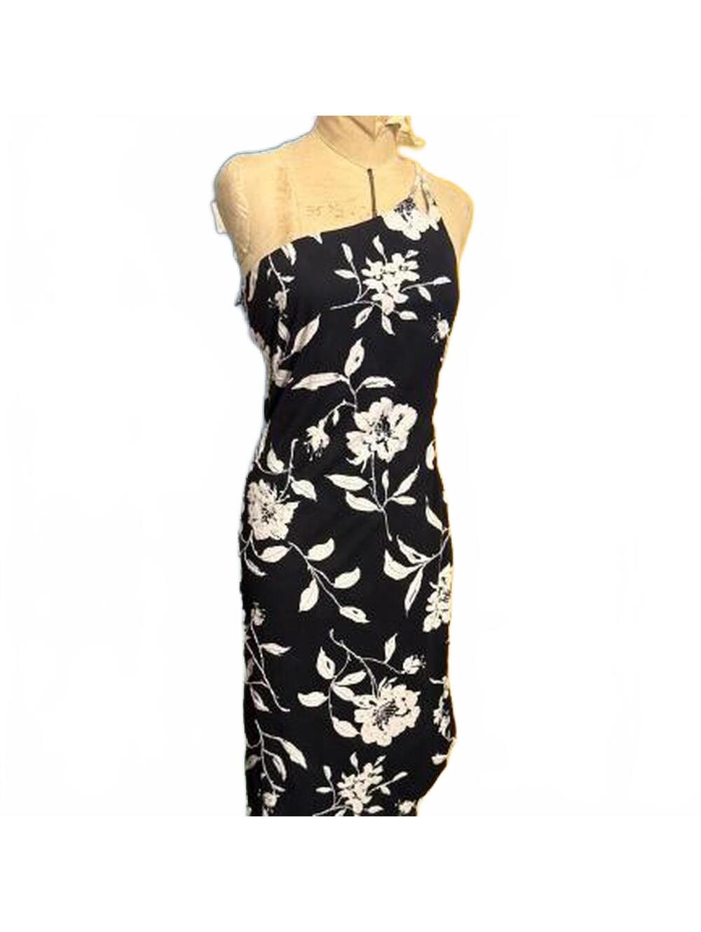 Cache Black and White Floral Asymmetrical Dress